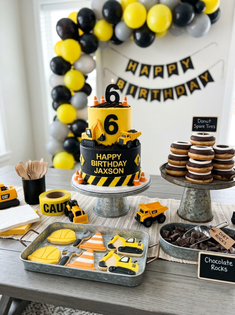Construction birthday cake and dessert table with themed treats for older kids