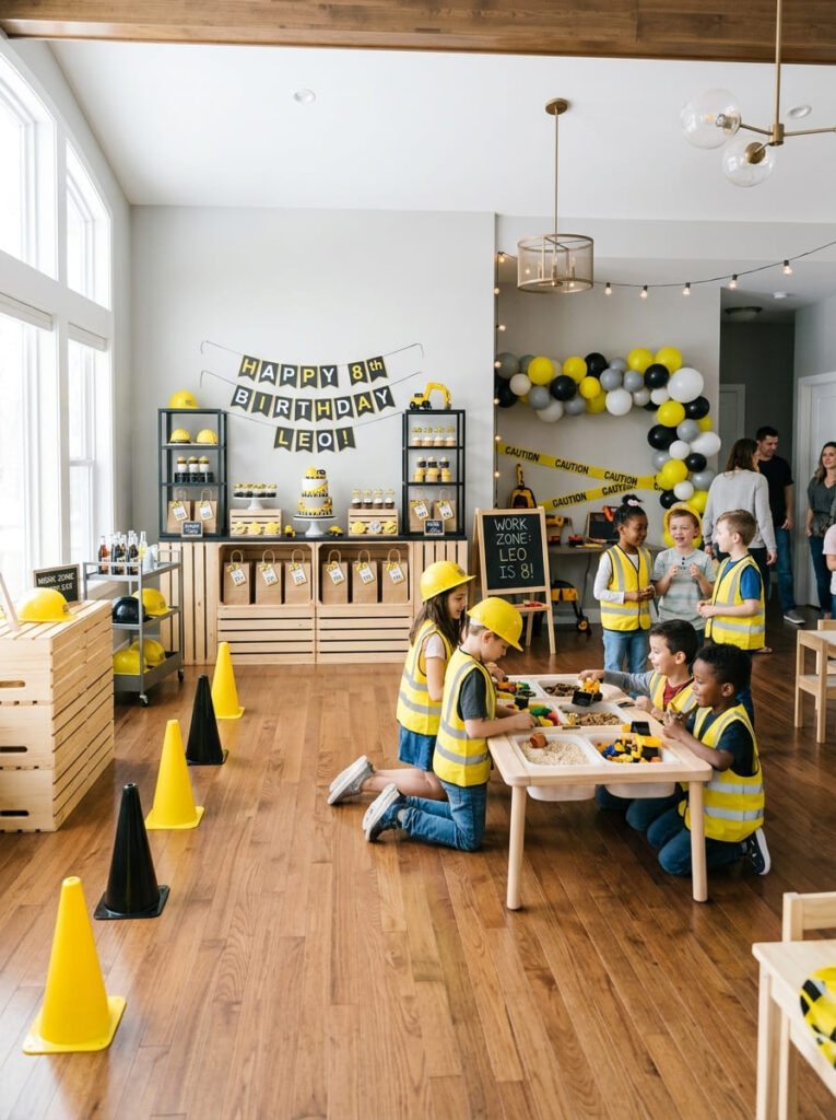 Construction birthday activity table with building challenges for older kids