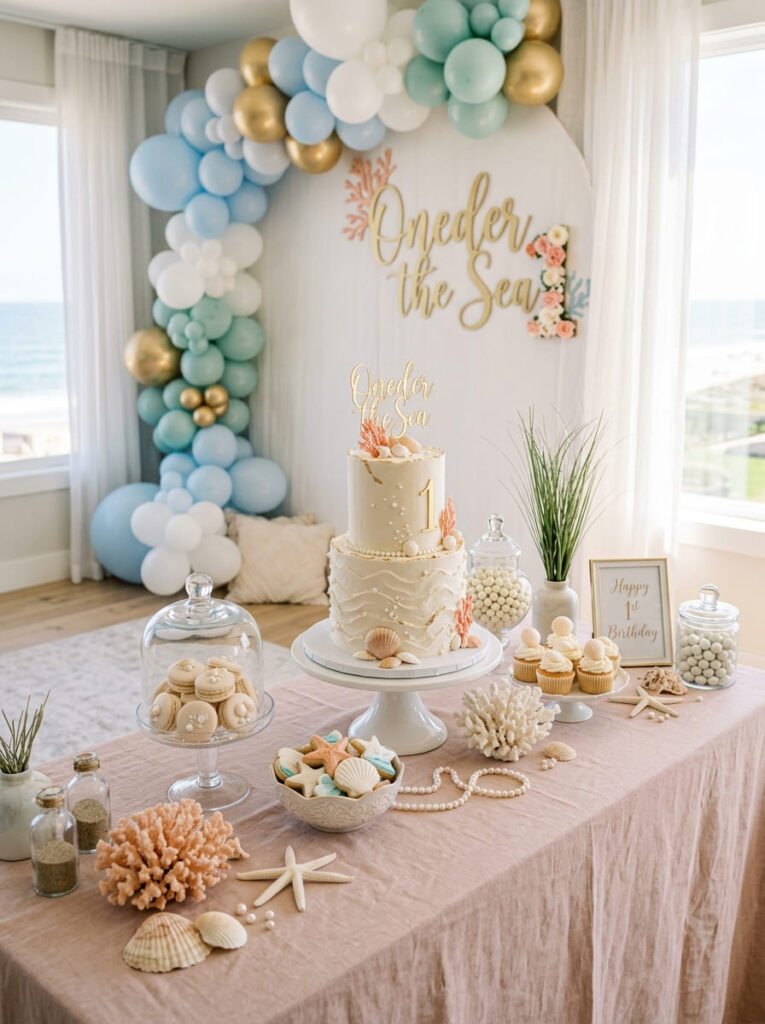 Oneder the Sea decor with shells pearls and ocean accents styled neatly