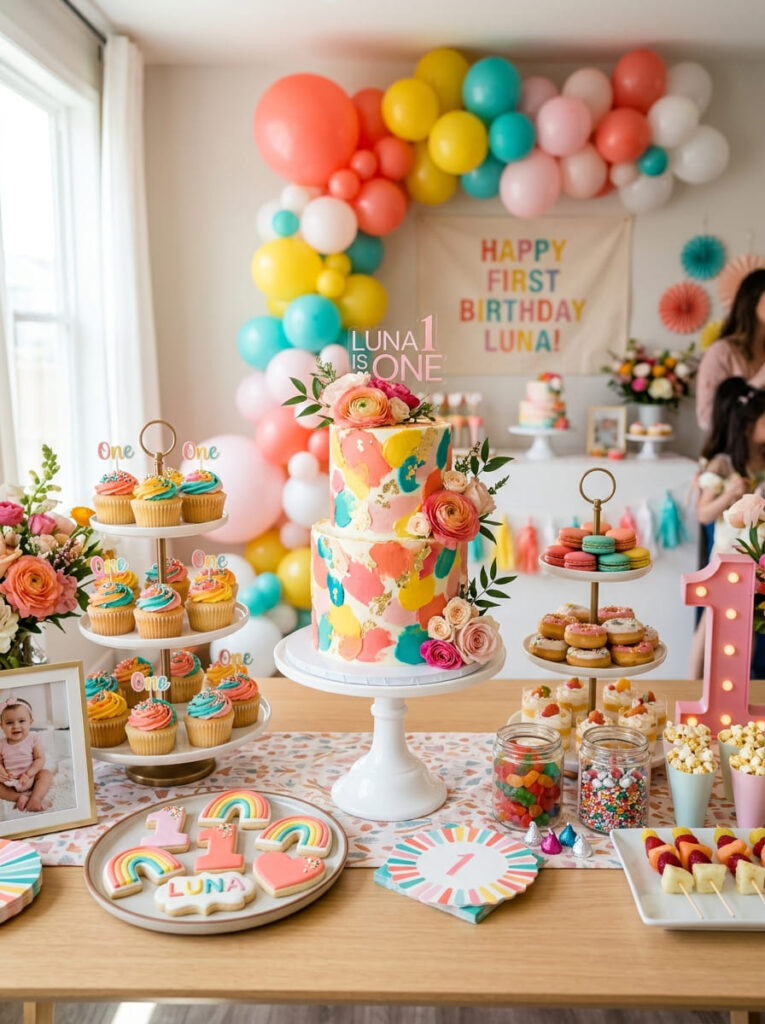 Colorful first birthday dessert table with cake cupcakes and pastel brights