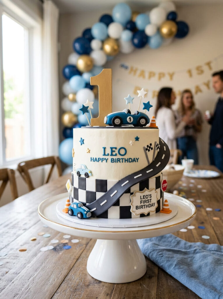 Cars first birthday cake with checkered details and a number one topper