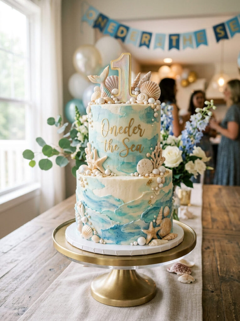 Oneder the Sea first birthday cake with shells pearls and soft ocean colors