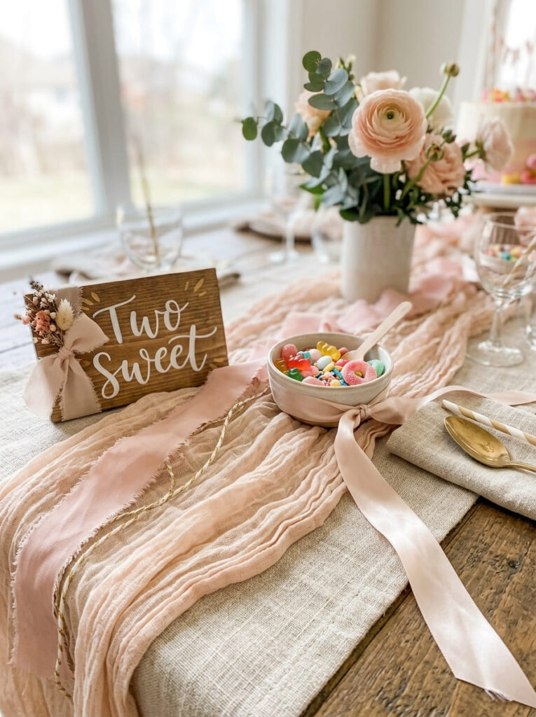 Soft fabrics and textures balancing a Two Sweet birthday party