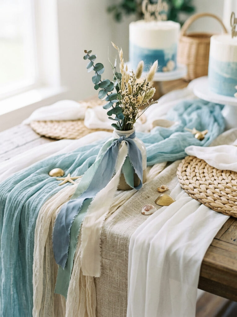 Soft fabrics and coastal textures used in an Oneder the Sea birthday setup