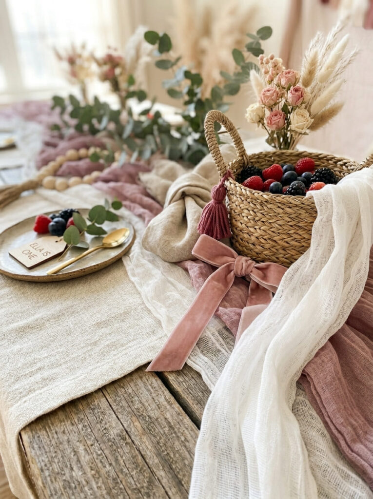 Soft fabrics and woven textures used in a berry first birthday setup