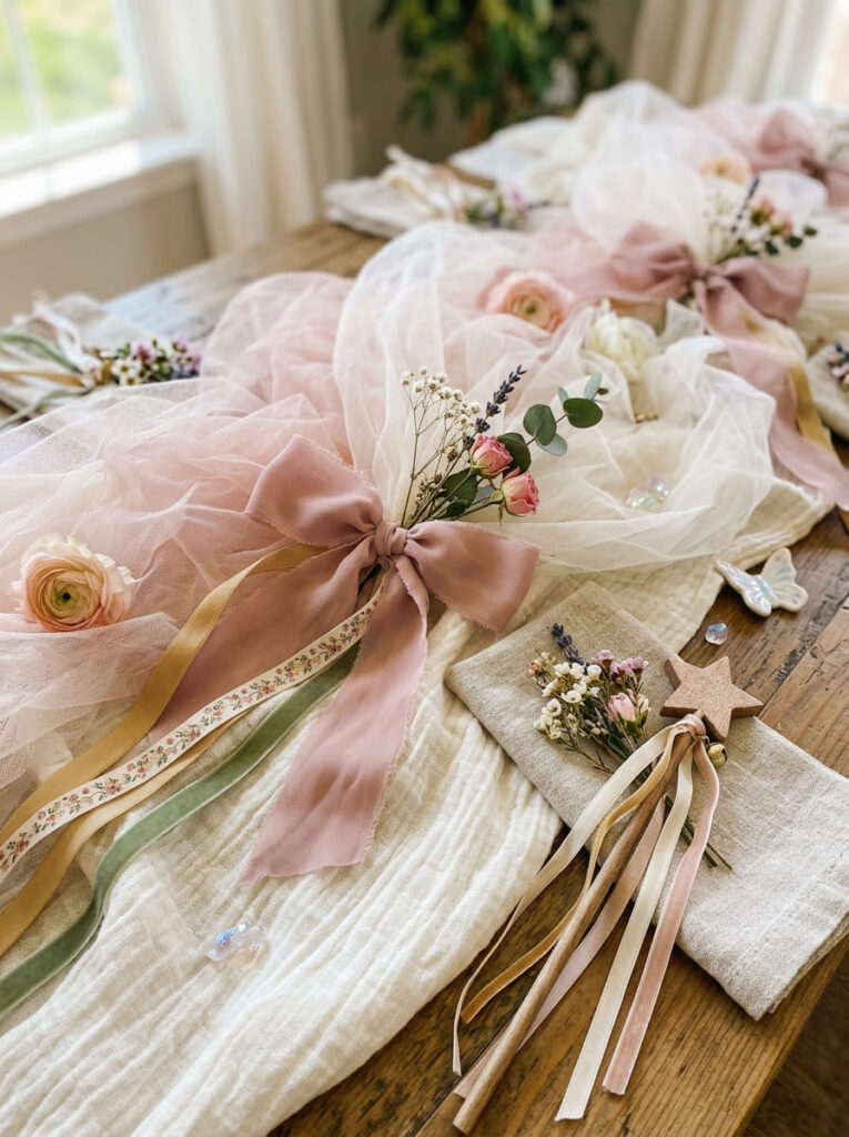 Soft fabrics and layered textures for a fairy birthday party