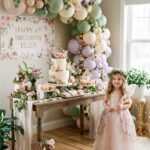 Fairy garden fourth birthday party setup for a girl at home