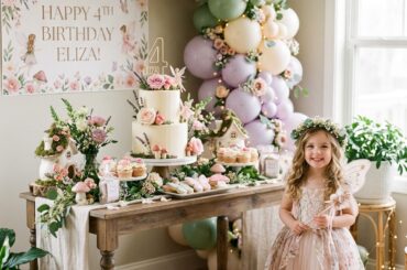 Fairy garden fourth birthday party setup for a girl at home