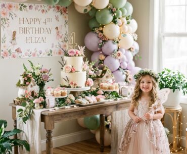 Fairy garden fourth birthday party setup for a girl at home
