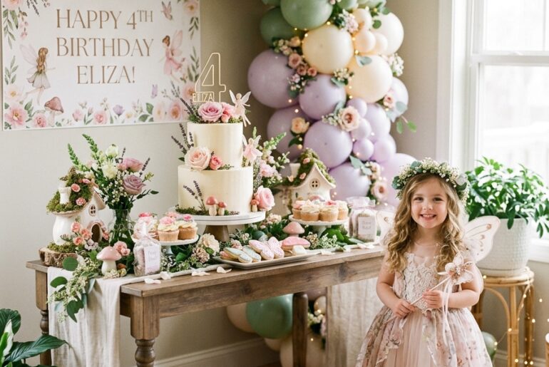 Fairy garden fourth birthday party setup for a girl at home