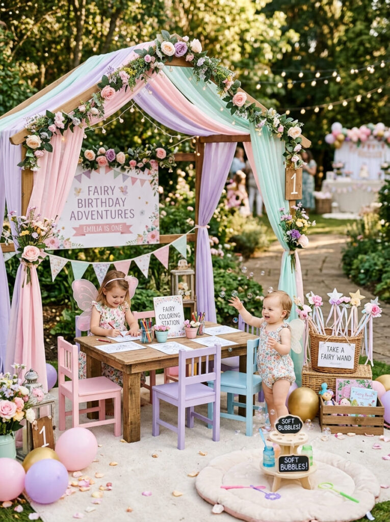 Fairy birthday activity corner with wands bubbles and soft pastel decor