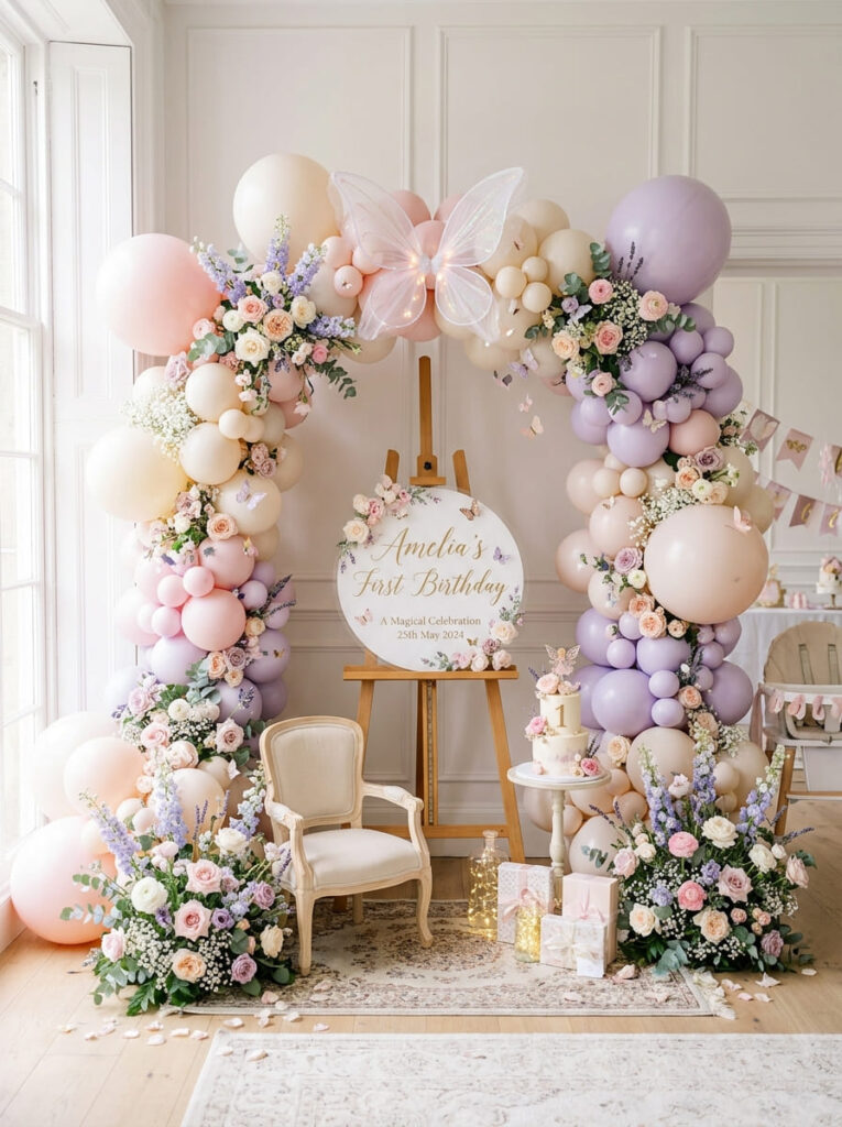 Fairy first birthday backdrop with pastel balloons florals and butterfly details