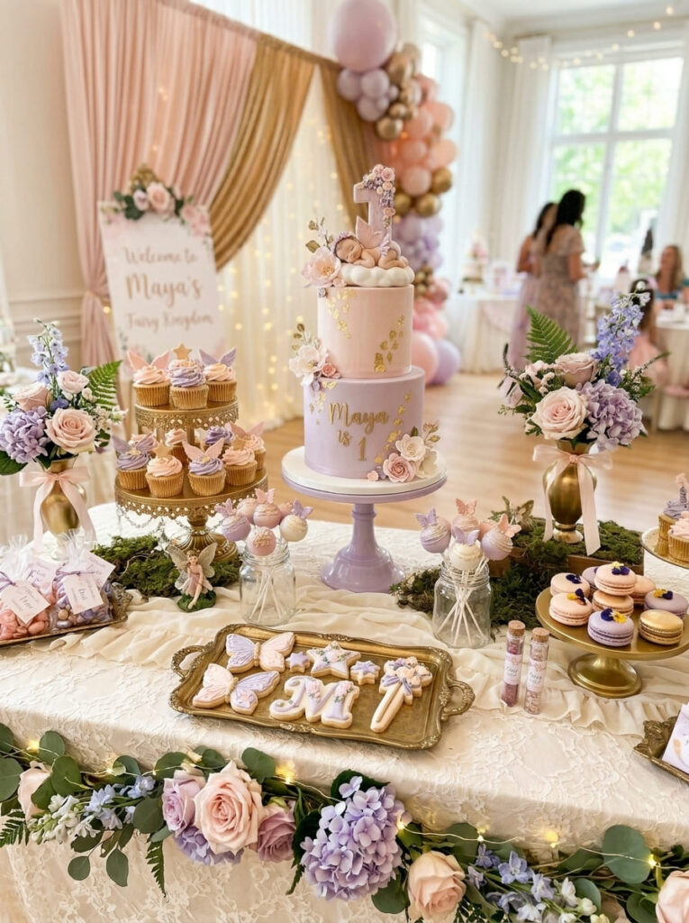Fairy birthday desserts with cupcakes cookies and pastel sweet treats