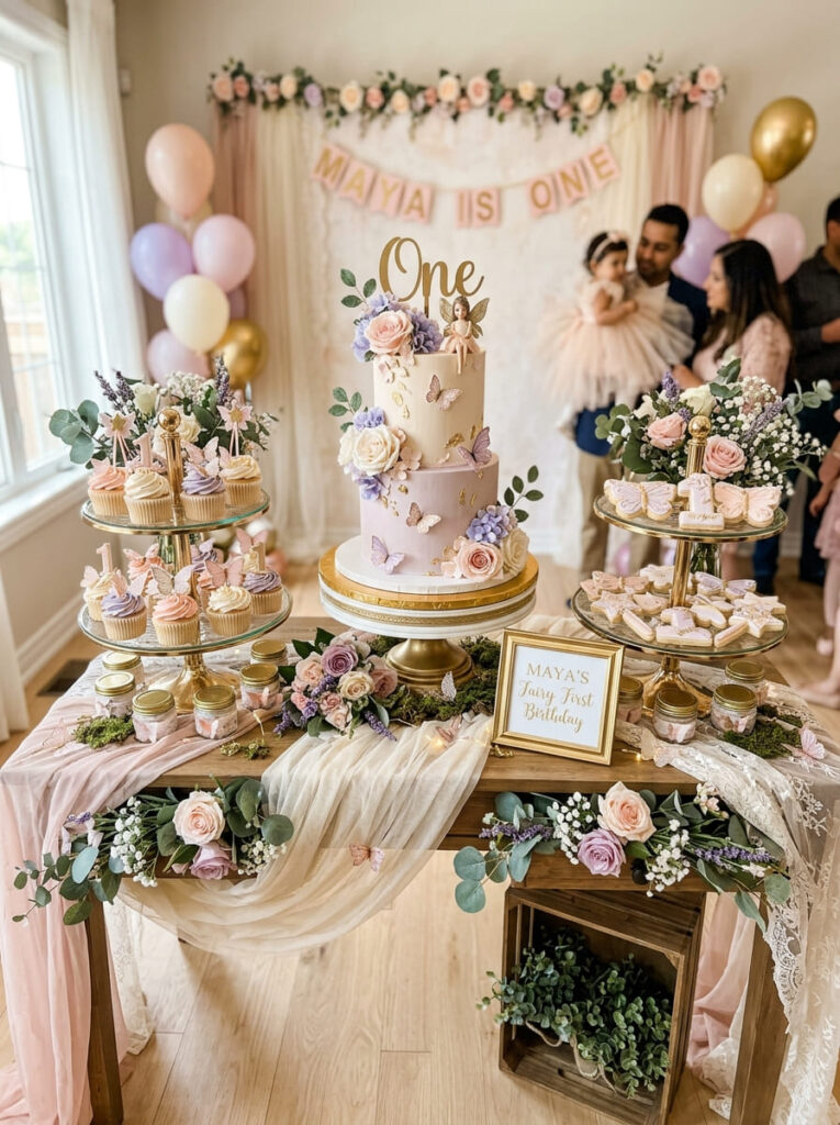 Fairy first birthday dessert table with pastel treats and floral details