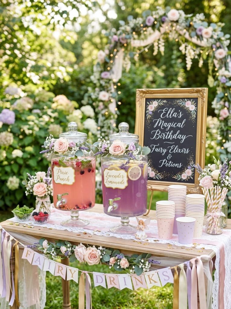Fairy first birthday drink station with pastel cups and floral styling