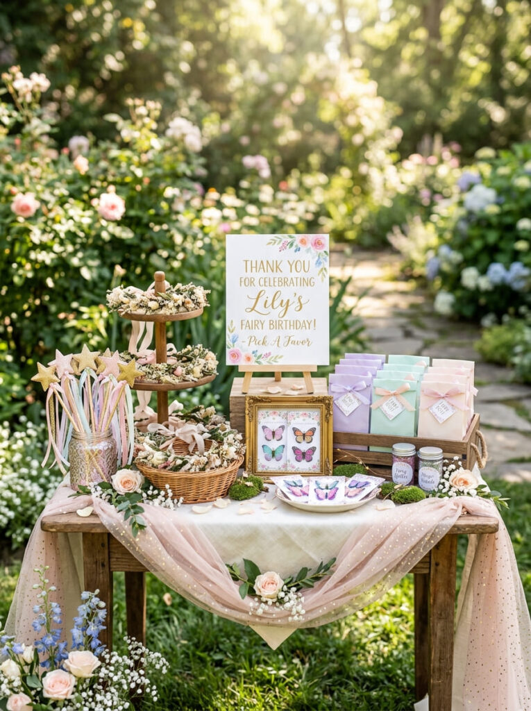 Fairy birthday favor display with wands flower crowns and pastel treat bags