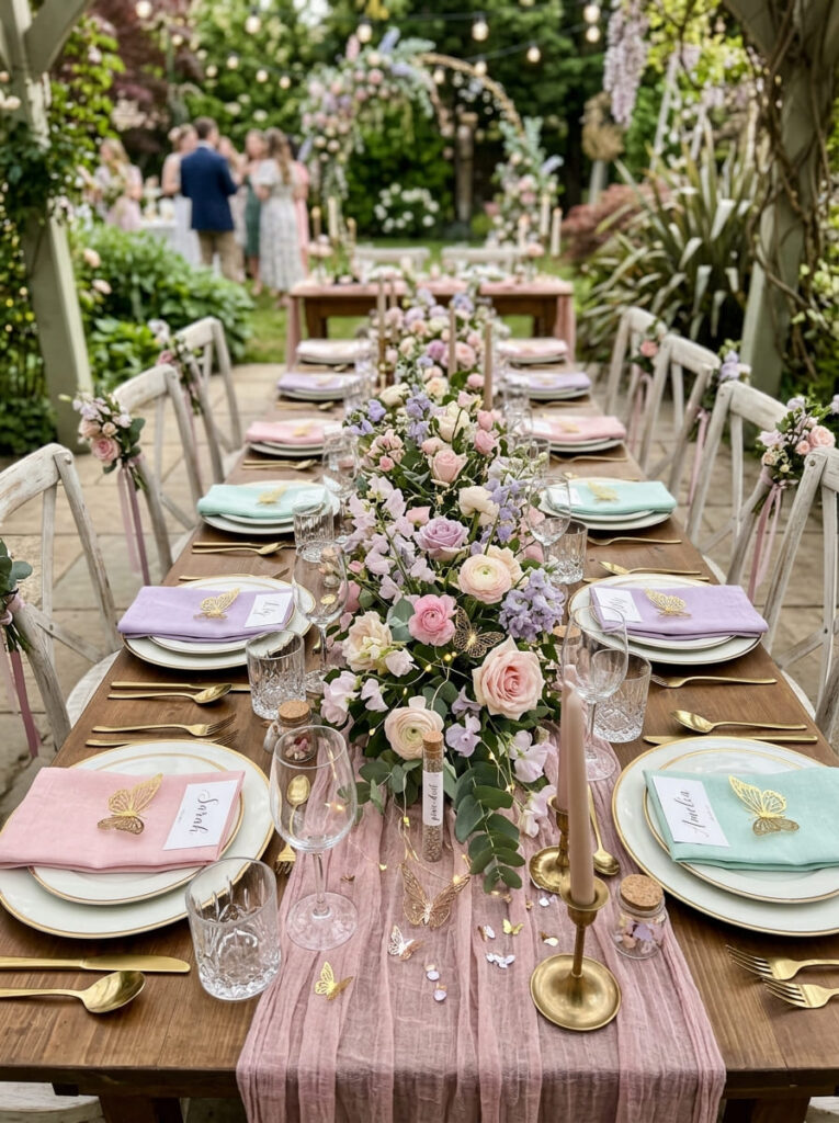 Fairy birthday guest table with florals pastel napkins and butterfly accents
