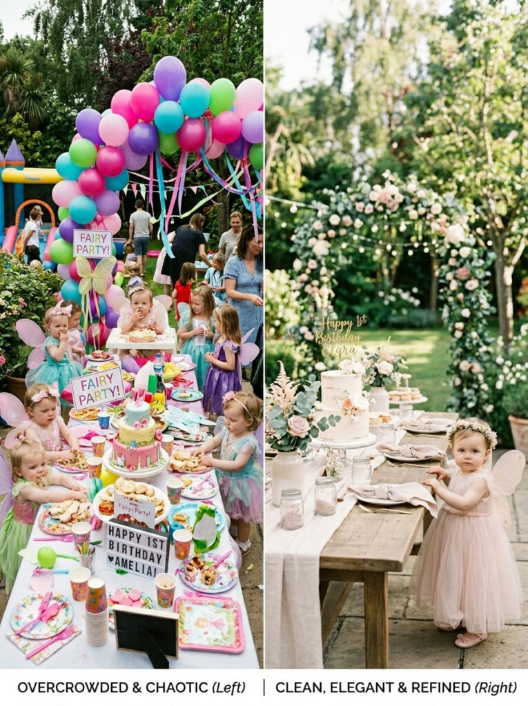 Elegant fairy birthday setup compared with an overcrowded styling version