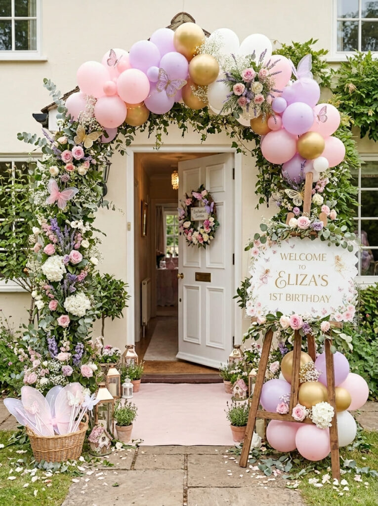Fairy first birthday entrance with soft balloons and floral welcome sign