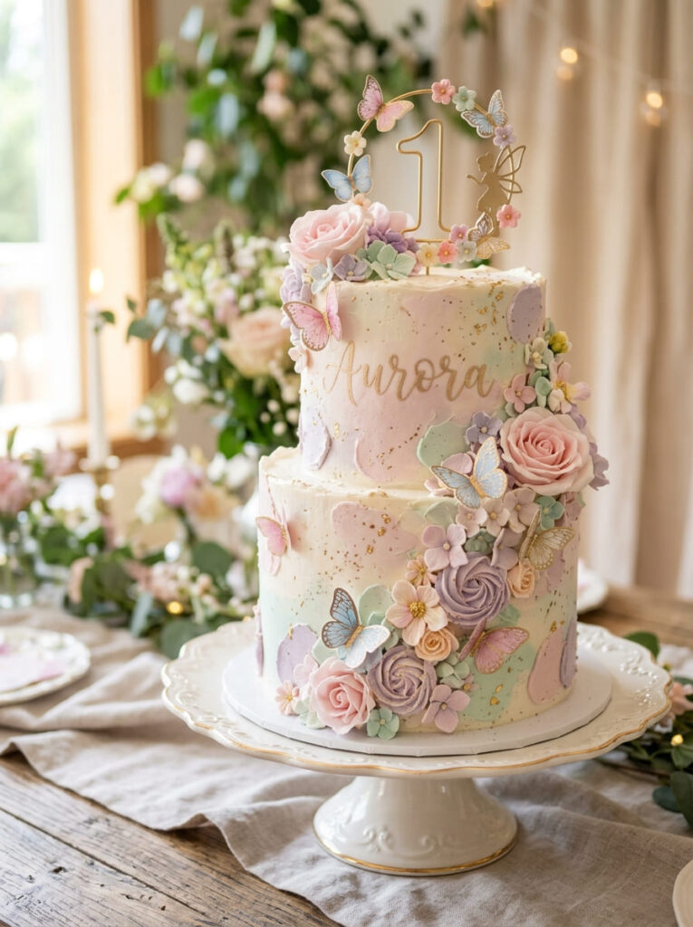 Elegant fairy first birthday cake with flowers butterflies and soft pastel details