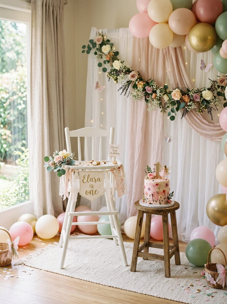 Fairy first birthday smash cake setup with pastel balloons and floral accents