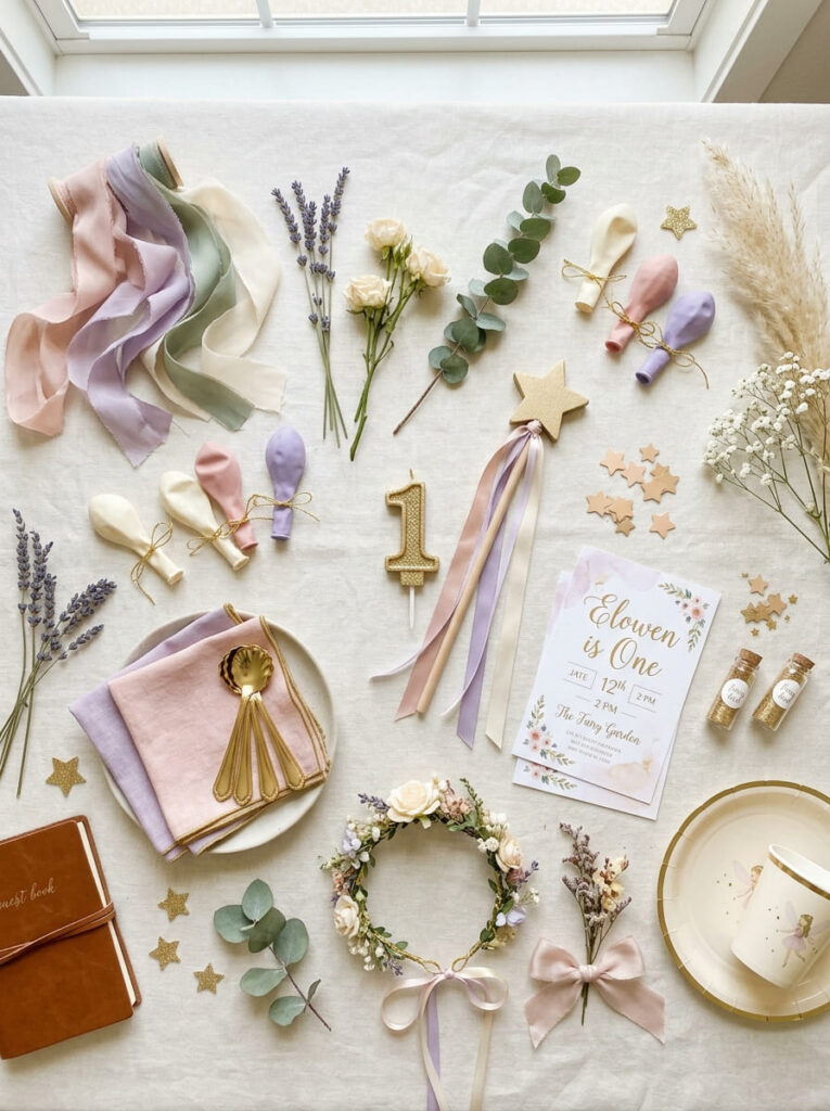 Fairy first birthday color palette with blush lavender cream and sage details
