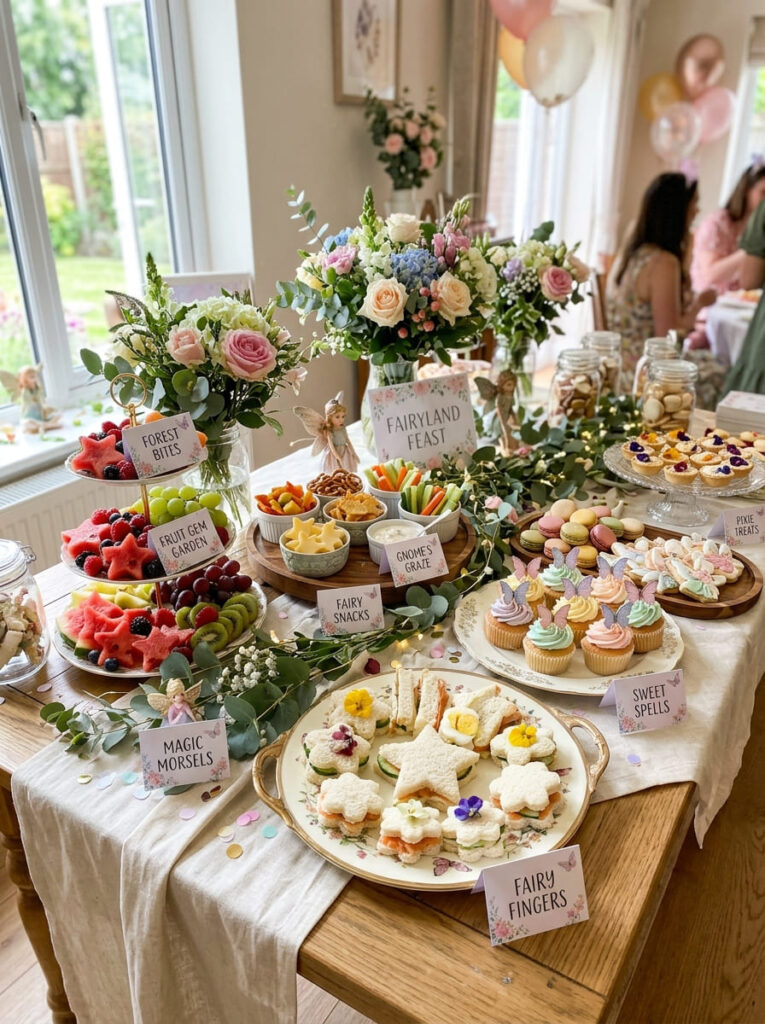 Fairy party food display with elegant trays and pastel labels