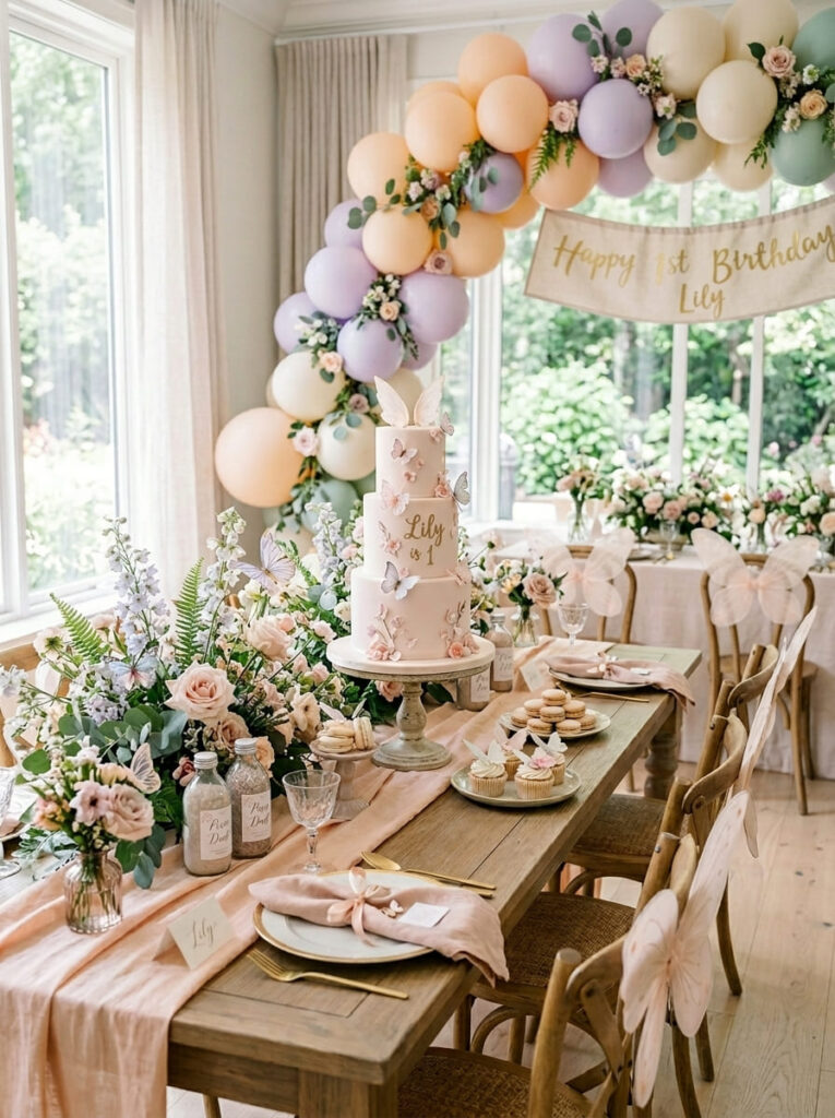 Elegant fairy birthday styling with butterflies wings and floral details