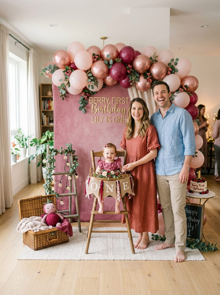 Berry first birthday family photo corner with soft balloons and a berry backdrop