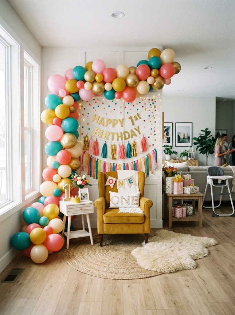 Colorful first birthday family photo corner with bright balloons and a chair