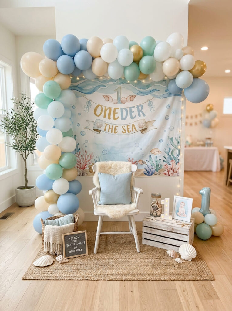 Oneder the Sea family photo corner with soft balloons and an ocean backdrop