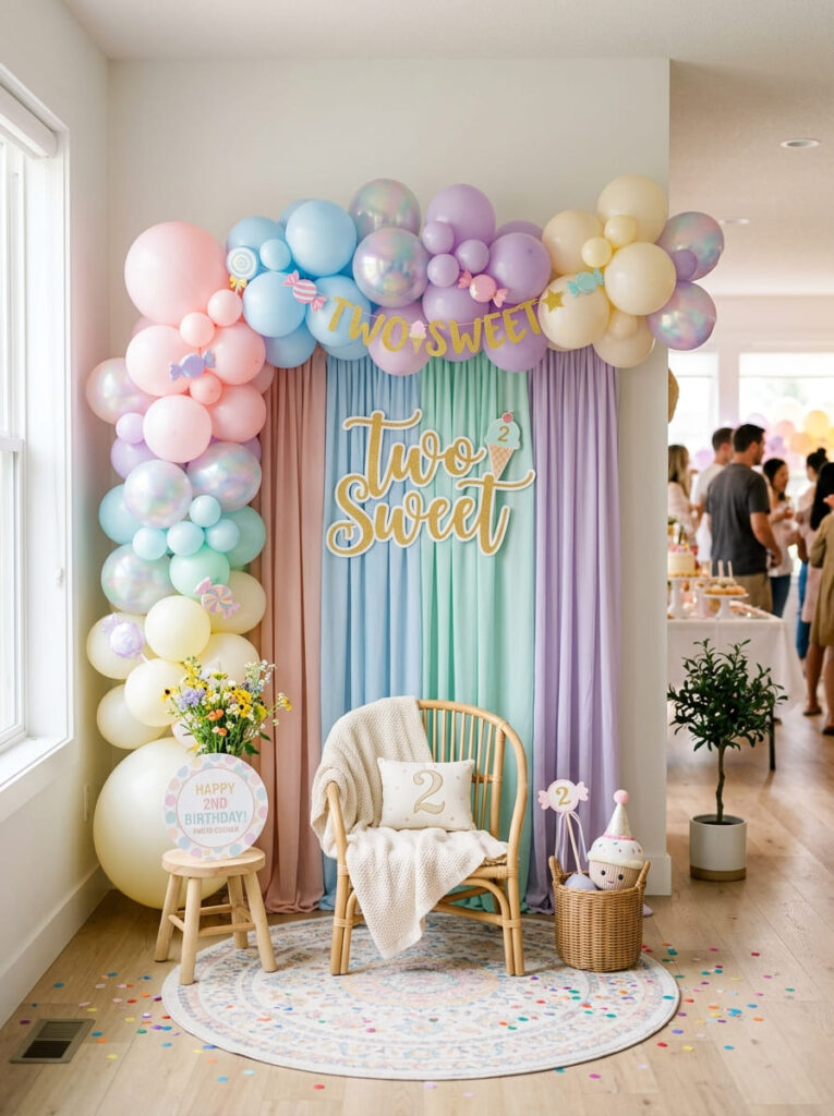 Two Sweet family photo corner with pastel balloons and a chair