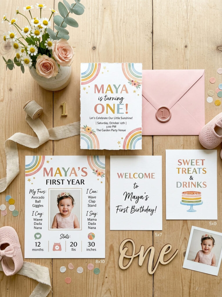 Colorful first birthday invitations and signs with bright modern wording