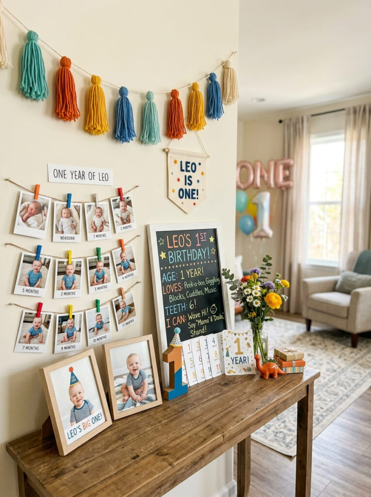 Colorful first birthday memory display with baby photos and milestone cards