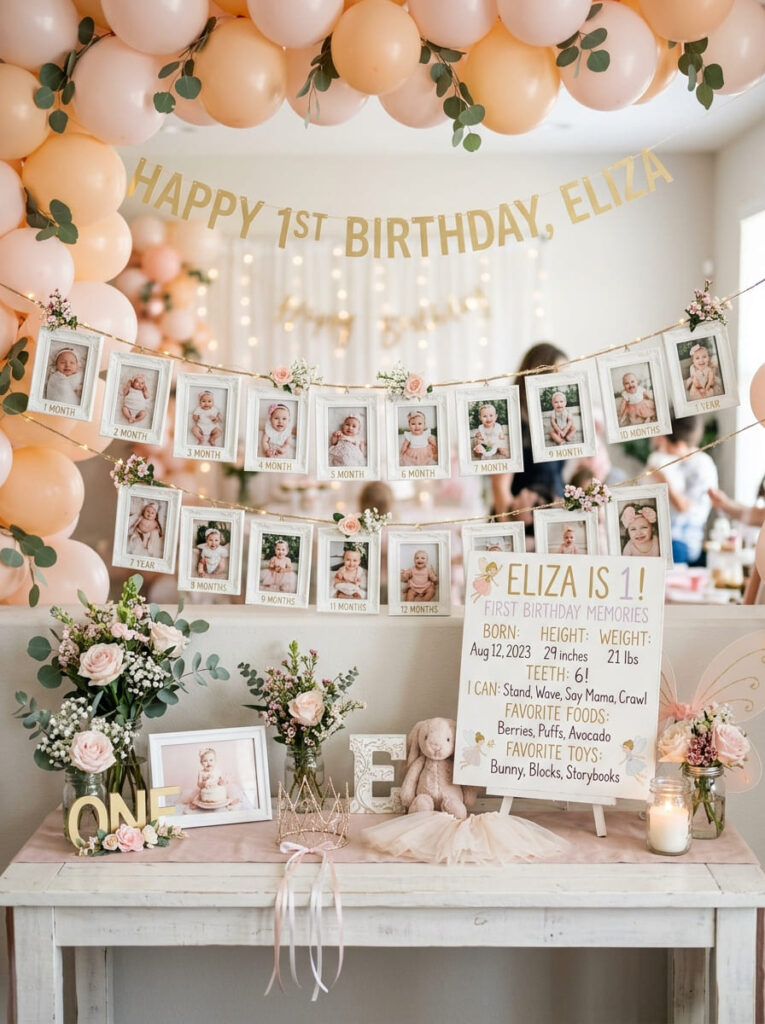 First birthday memory display with framed photos and pastel fairy styling