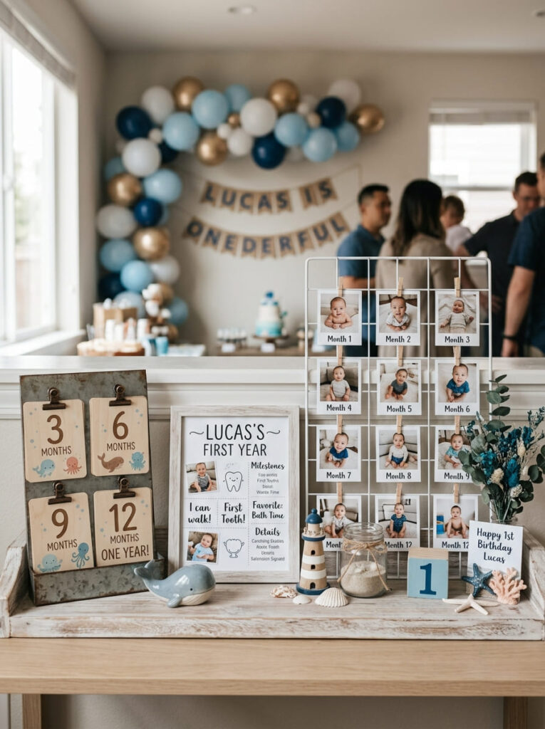 Oneder the Sea first birthday memory display with baby photos and milestone cards