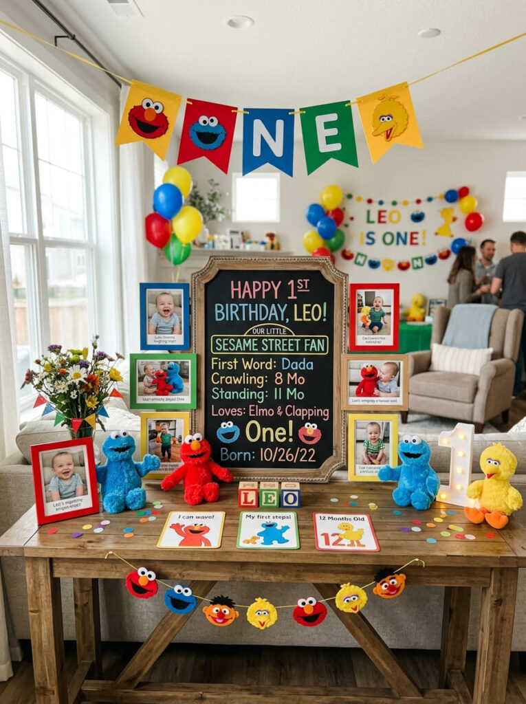 Sesame Street first birthday memory display with baby photos and milestone cards