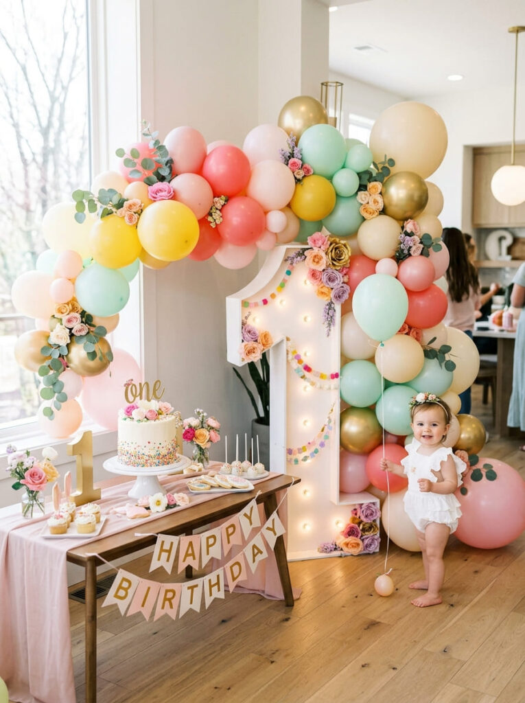 Colorful first birthday number one display with bright party accents