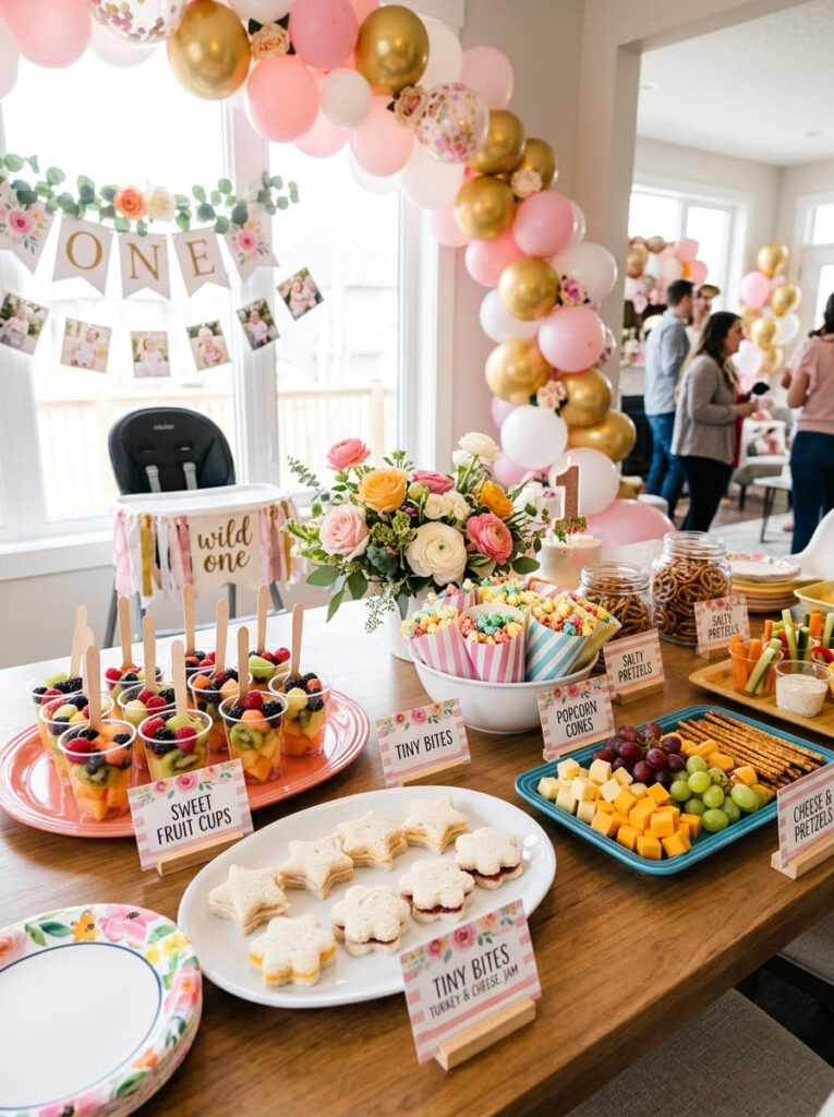 Colorful first birthday food table with playful snacks and bright serving trays