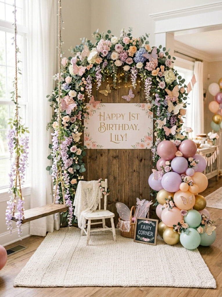 Fairy birthday photo corner with flowers pastel balloons and butterfly accents