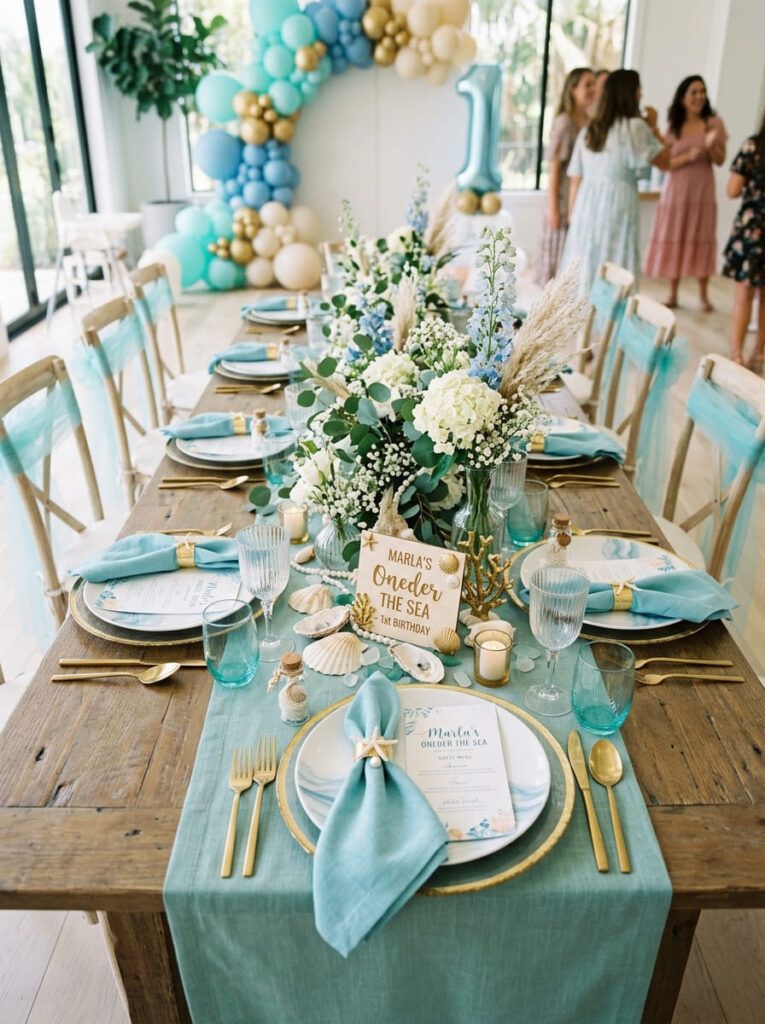 Oneder the Sea guest table with soft blue tableware and shell inspired decor