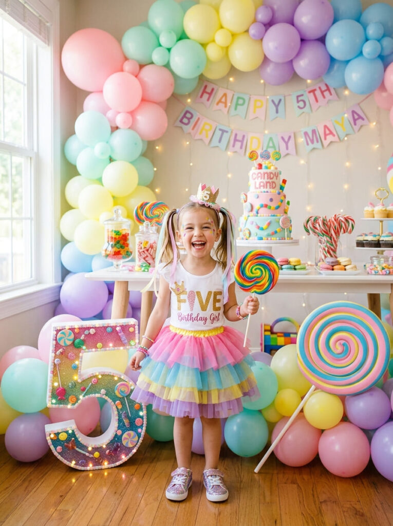 Candy Land fifth birthday focal setup with cake table and number five detail
