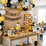 Modern construction fifth birthday party setup for a boy at home