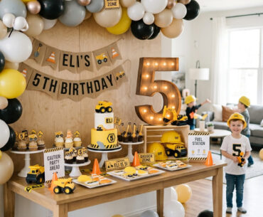 Modern construction fifth birthday party setup for a boy at home