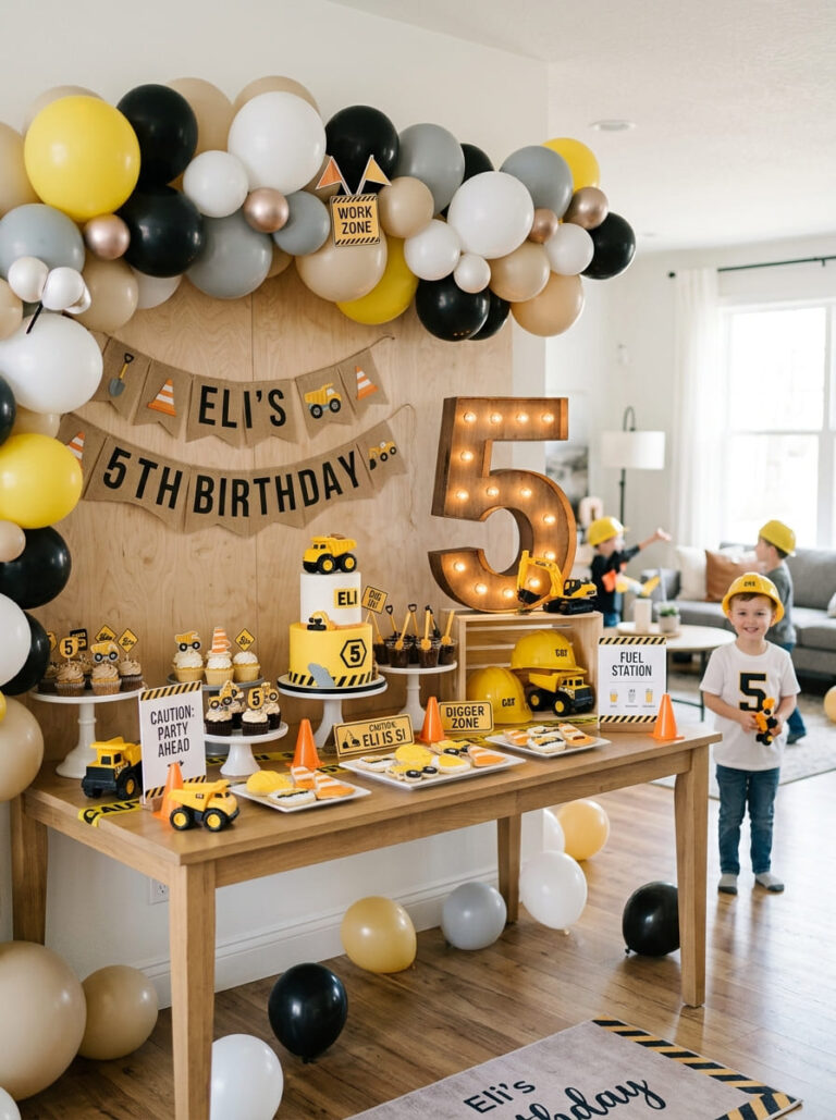 Modern construction fifth birthday party setup for a boy at home