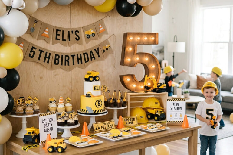 Modern construction fifth birthday party setup for a boy at home