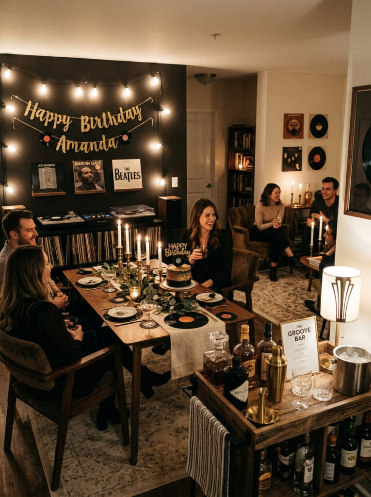 Music and vinyl birthday theme with relaxed stylish decor