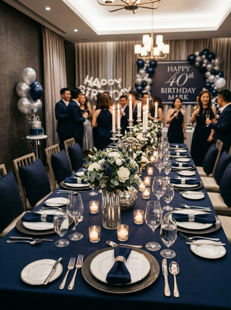 Navy and silver men’s birthday theme with formal modern decor