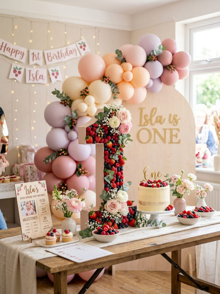 Berry first birthday number one display with fruit-inspired accents