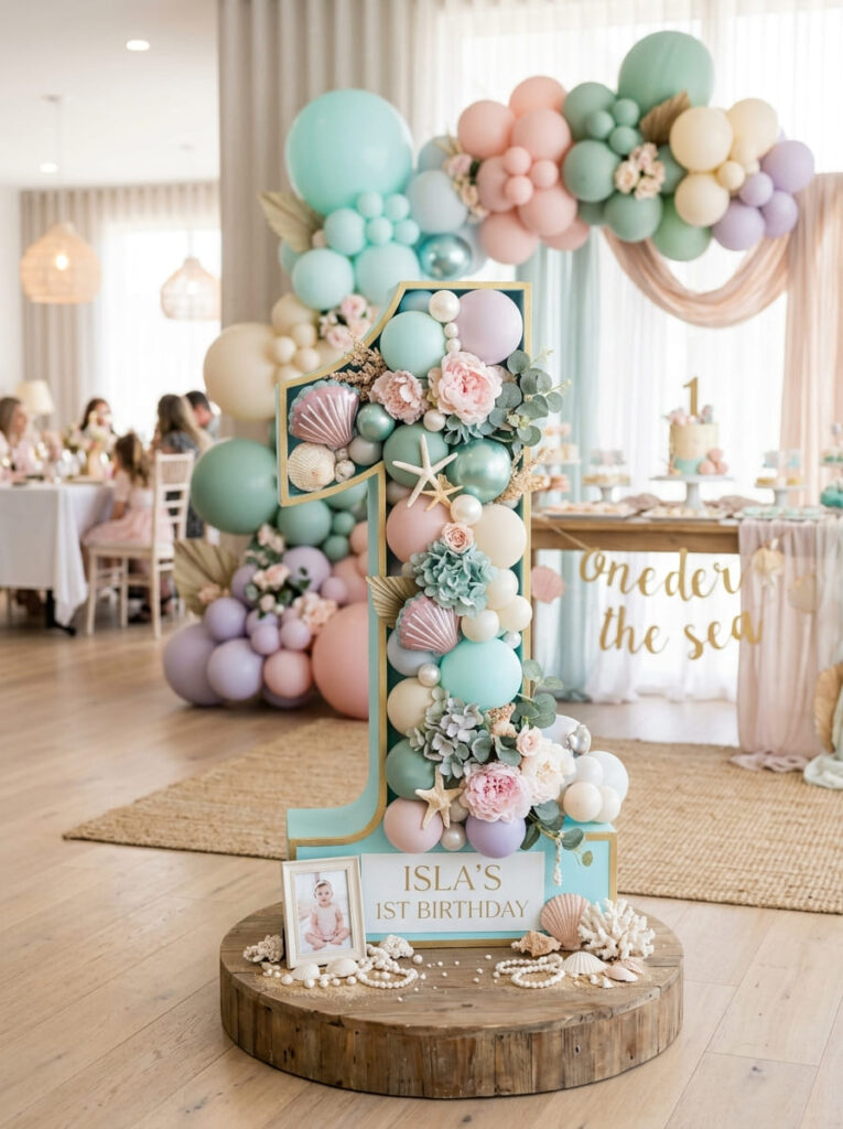 Oneder the Sea first birthday number one display with shell and pearl accents
